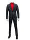 Men's black suit with textured pattern, peak lapels, and single breast pocket. Fitted shape with matching trousers. One-button closure.
