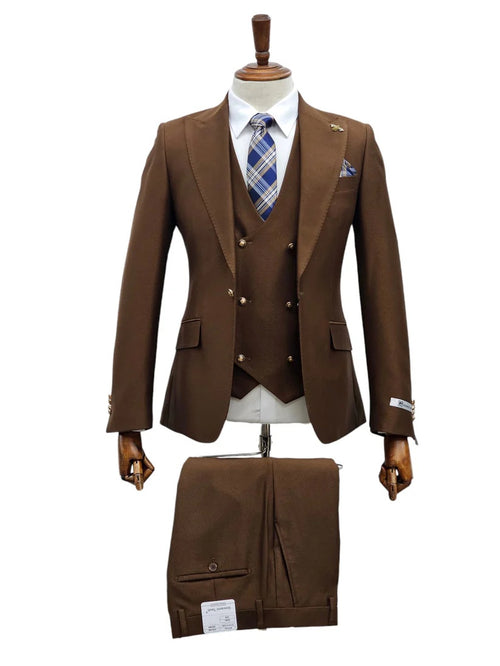 Mens Giovanni Testi Brown 3 Piece Slim Fit Suit – Peak Lapel, Double Breasted Vest, Center Vent Blazer