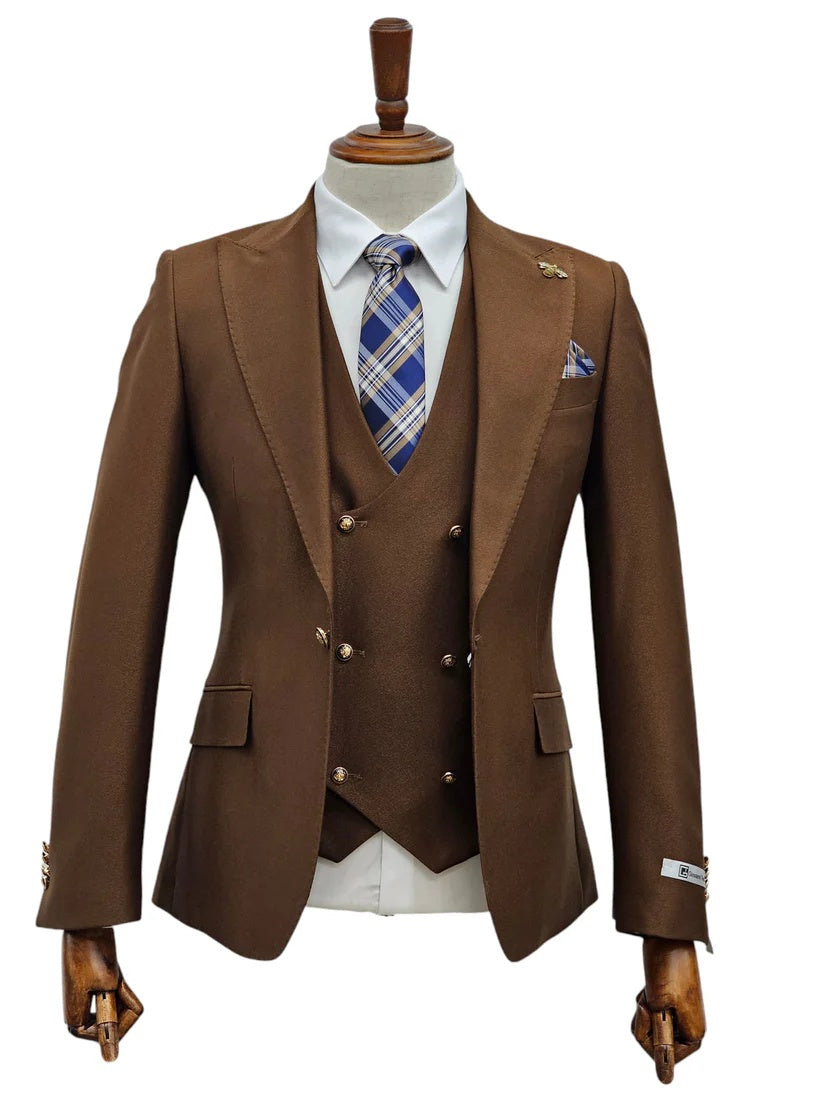 Mens Giovanni Testi Brown 3 Piece Slim Fit Suit – Peak Lapel, Double Breasted Vest, Center Vent Blazer