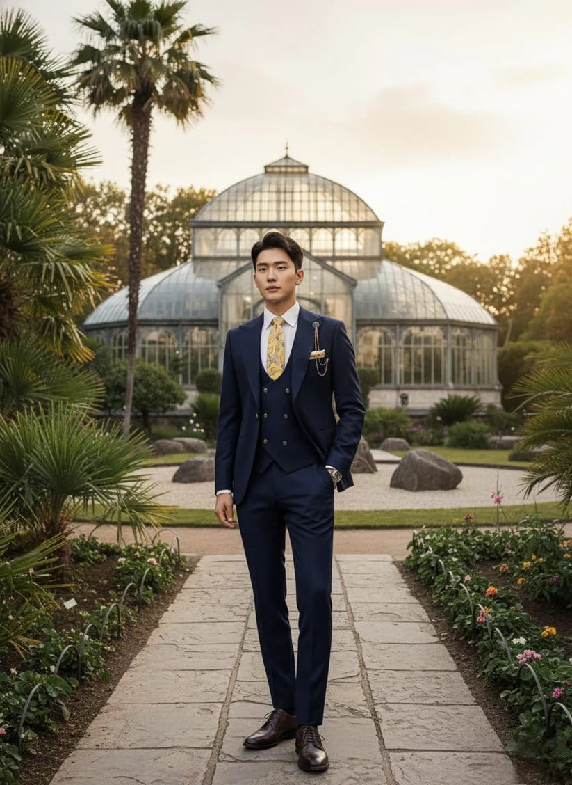 Giovanni Testi Navy Blue 3 Piece Suit – Slim Fit 1 Button Peak Lapel with Double Breasted Vest