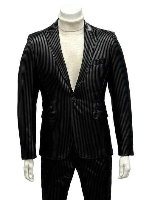 Men's black pinstripe suit. One-button closure, peak lapel, side vents, fitted shape. Classic tailored design.
