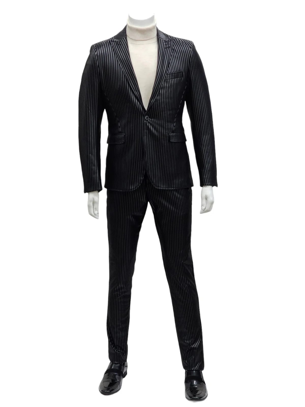 Mens One Button Side Vent Peak Lapel Suit Black
