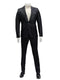 Black pinstripe men's suit with peak lapels and side vents. Structured fit, smooth fabric, single breast pocket, and matching trousers.

