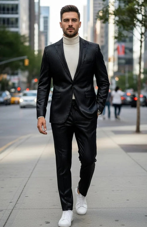 Men's black pinstripe suit with peak lapel and side vents. Structured fabric, tailored fit, one-button closure. Includes matching trousers.
