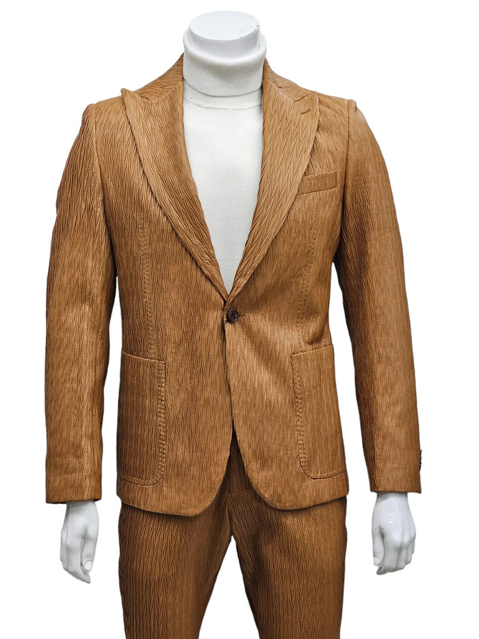 Men's tan vegan leather suit with peak lapel, single-button closure, and patterned texture. Features a sharp silhouette with two front pockets.
