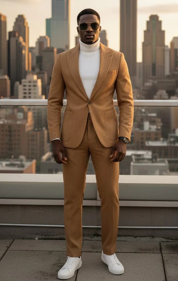 Men's tan vegan leather suit with single button, peak lapel, and vertical stripes. Includes cream turtleneck and white sneakers. A stylish, cruelty-free ensemble.
