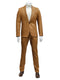 Tan vegan leather men's suit: 1-button jacket with peak lapel, textured finish, structured shoulders, and slim-fit pants. Uniform tan color for a coordinated, fitted look.