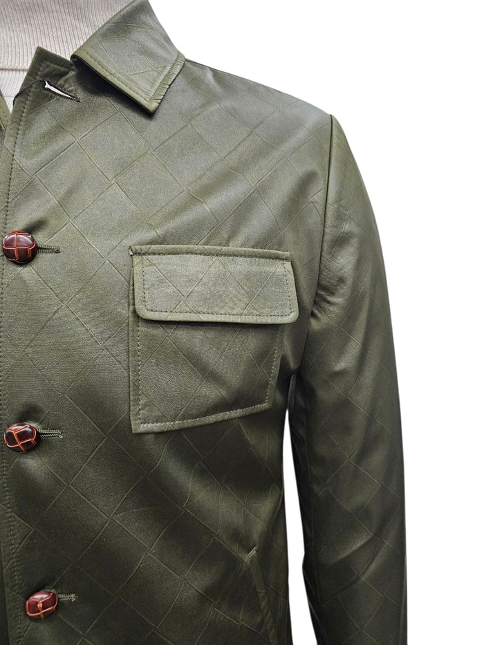 Men's olive slim-fit faux leather suit with quilted texture. Includes jacket with collar, front buttons, chest pocket, and matching pants. Stylish casual wear.
