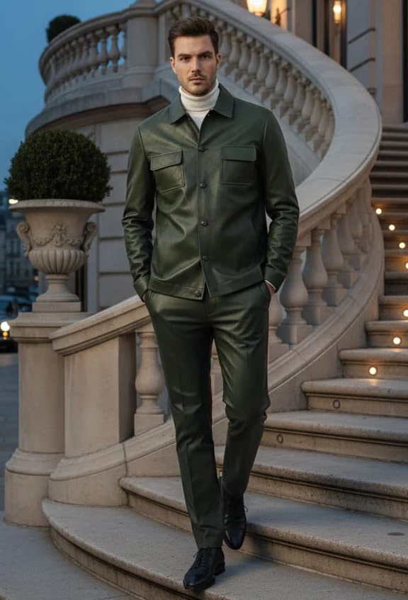 Men's olive faux leather slim fit suit. Includes a button-up jacket with two chest pockets and matching slim trousers. Smooth texture. Casual style.

