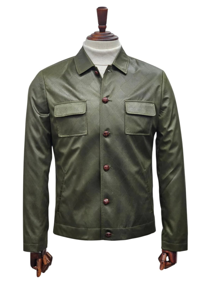 Men's olive faux leather slim fit suit. Includes a collared, button-front jacket with chest pockets and a diamond pattern. Smooth finish.
