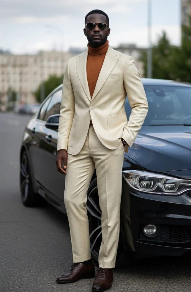 Ivory men's slim-fit suit with peak lapels, one button, and basket weave texture. Includes matching trousers.
