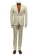 Ivory slim-fit men's suit with basket weave. One-button blazer, peak lapels, and tailored pants. Seamless design for a sophisticated look.
