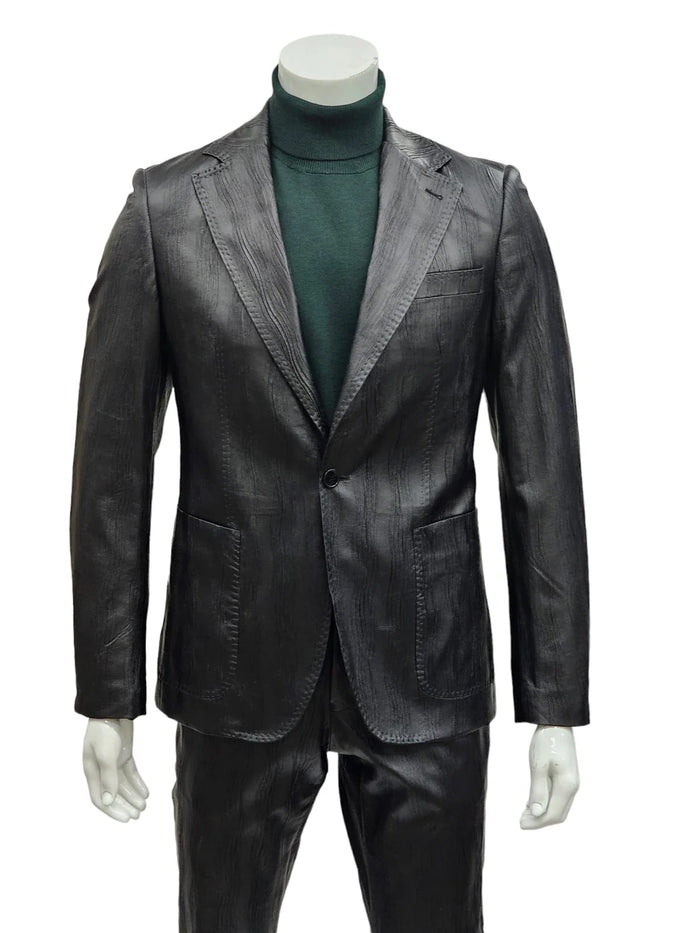 Men's black slim-fit suit. One-button jacket with notch lapels, textured finish, and visible seams. Matching tailored pants. 
