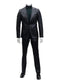 Men's slim fit two-piece suit in black. Features: one-button closure, notch lapel, textured fabric. Tapered waist, fitted trousers with straight leg, chest and front pockets. Reflective fabric.
