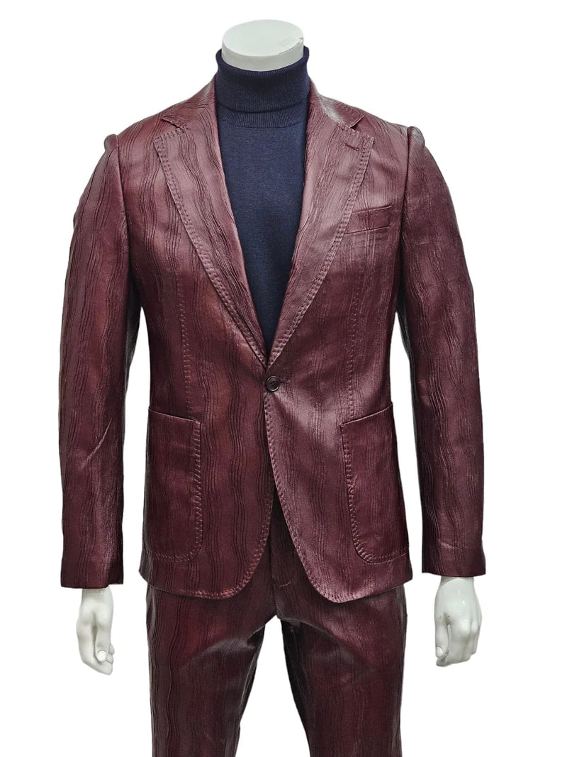 Burgundy Alberto Nardoni men's suit with notch lapel, textured fabric, wavy lines. Features one chest pocket, two front pockets, and a one-button closure.
