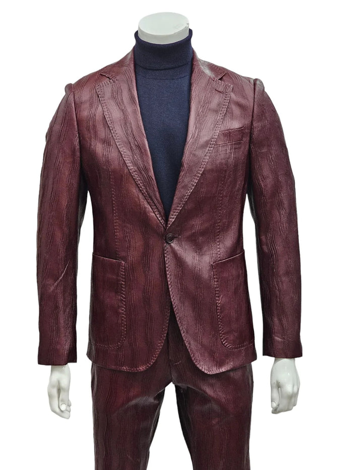 Burgundy Alberto Nardoni men's suit with notch lapel, textured fabric, wavy lines. Features one chest pocket, two front pockets, and a one-button closure.
