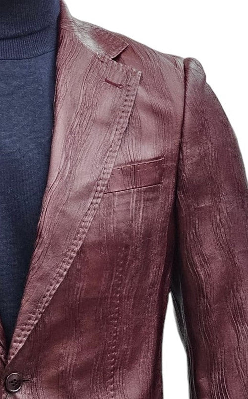 Alberto Nardoni men's burgundy suit. Features a textured surface, notch lapel, single-button closure, and structured fit. Rich burgundy color.
