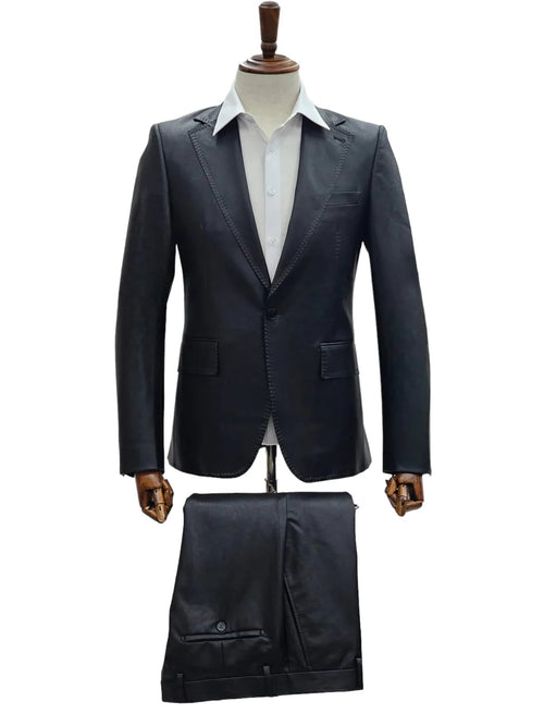 Men's black leather suit: slim fit, single-button blazer with smooth finish & tailored shoulders. Matching flat-front trousers. Sleek, pattern-free black leather.

