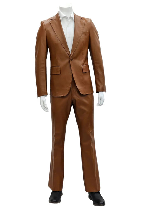 Alberto Nardoni men's slim fit leather suit in caramel. Fitted blazer with structured shoulders, notch lapels, and one-button closure. Straight-leg trousers. Smooth, minimal detailing. Tailored silhouette.

