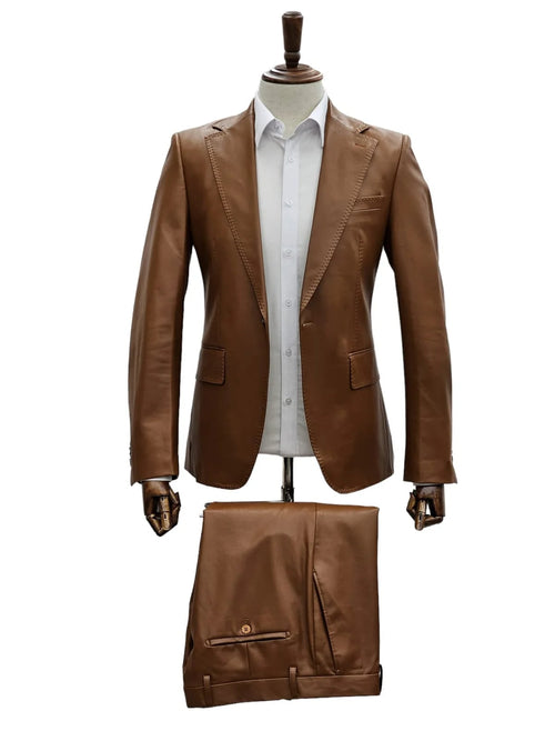 Men's caramel-colored slim fit leather suit. Single-button blazer with notch lapel and front pockets. Matching trousers with a pressed crease. Tailored design.
