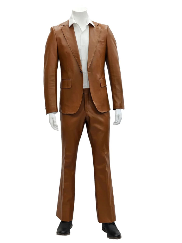 Alberto Nardoni men's caramel leather suit: Slim fit, single-button jacket with notch lapels and pockets. Straight-leg trousers. Smooth, sleek leather for a cohesive, tailored look.
