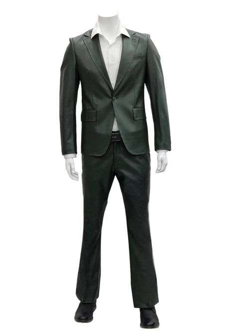 Men's olive slim-fit leather suit. Tailored blazer with one button, notch lapels, and pockets. Slim-fit trousers with slight flare. Crafted from smooth, polished leather.
