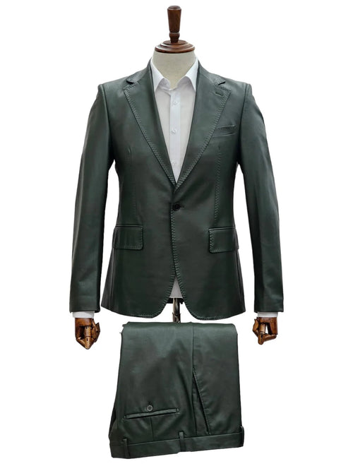 Mens 1 Button Slim Fit Leather Suit Olive