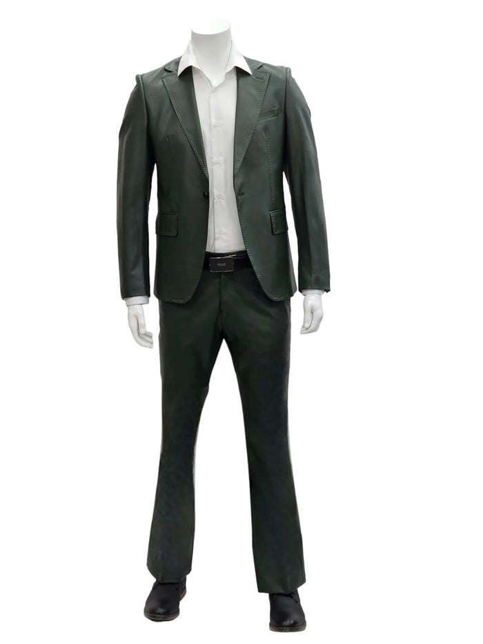 Olive green men's slim fit leather suit. Single-button jacket with notch lapels and front pocket. Slim-fit trousers. Smooth texture, tailored appearance.

