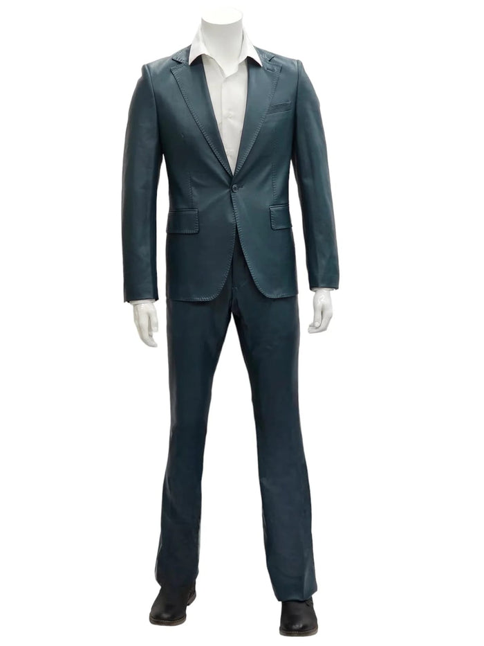 Alberto Nardoni men's slim fit leather suit: dark blue, single-breasted jacket with notched lapel and front pockets. Straight-leg trousers. Outfit includes a visible white shirt.
