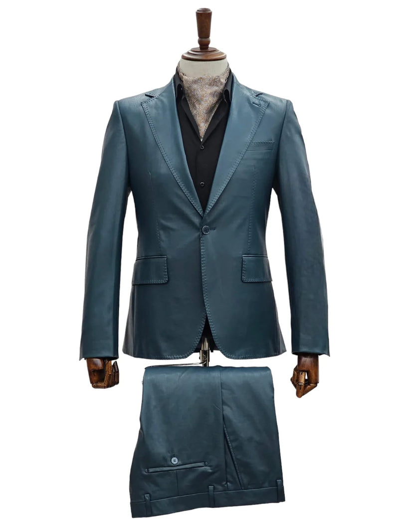 Alberto Nardoni men's blue leather suit: slim fit, 1-button blazer with shiny finish and two pockets. Matching tailored leather trousers with buttoned back pocket.
