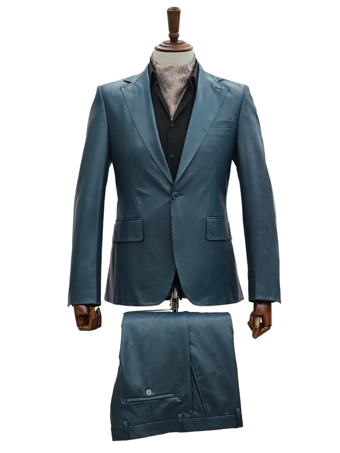 Alberto Nardoni men's blue leather suit: slim fit, 1-button blazer with shiny finish and two pockets. Matching tailored leather trousers with buttoned back pocket.