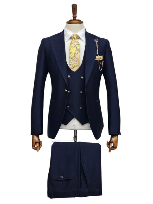 Giovanni Testi Navy Blue 3 Piece Suit – Slim Fit 1 Button Peak Lapel with Double Breasted Vest