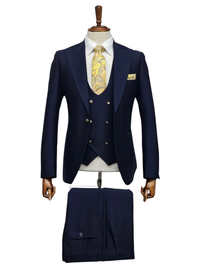 Giovanni Testi Navy Blue 3 Piece Suit – Slim Fit 1 Button Peak Lapel with Double Breasted Vest