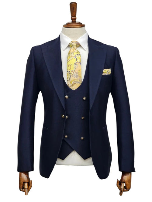 Giovanni Testi Navy Blue 3 Piece Suit – Slim Fit 1 Button Peak Lapel with Double Breasted Vest
