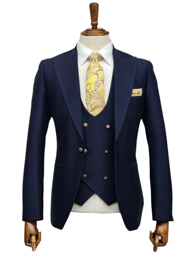 Giovanni Testi Navy Blue 3 Piece Suit – Slim Fit 1 Button Peak Lapel with Double Breasted Vest