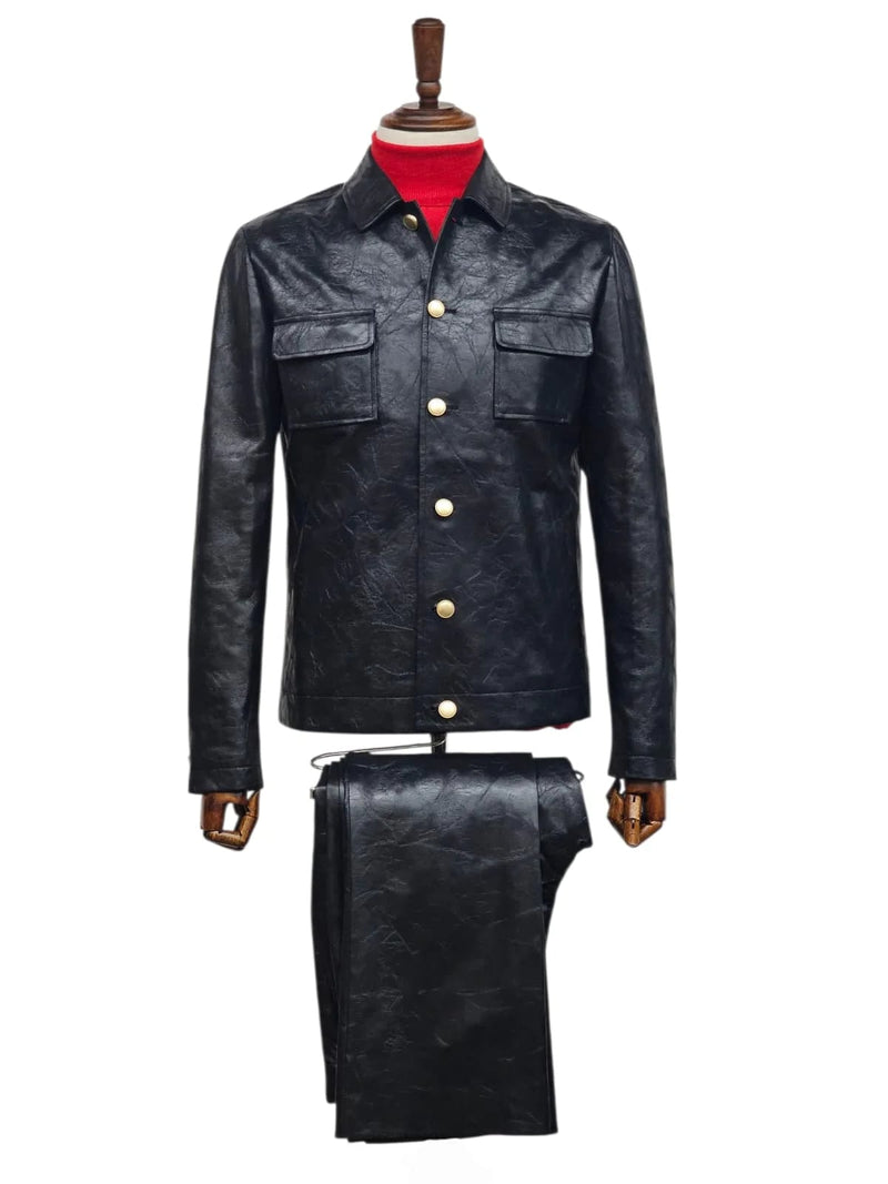 Alberto Nardoni men's slim fit leather suit. Black, textured leather jacket with five buttons and two chest pockets. Matching black leather pants, neatly folded.
