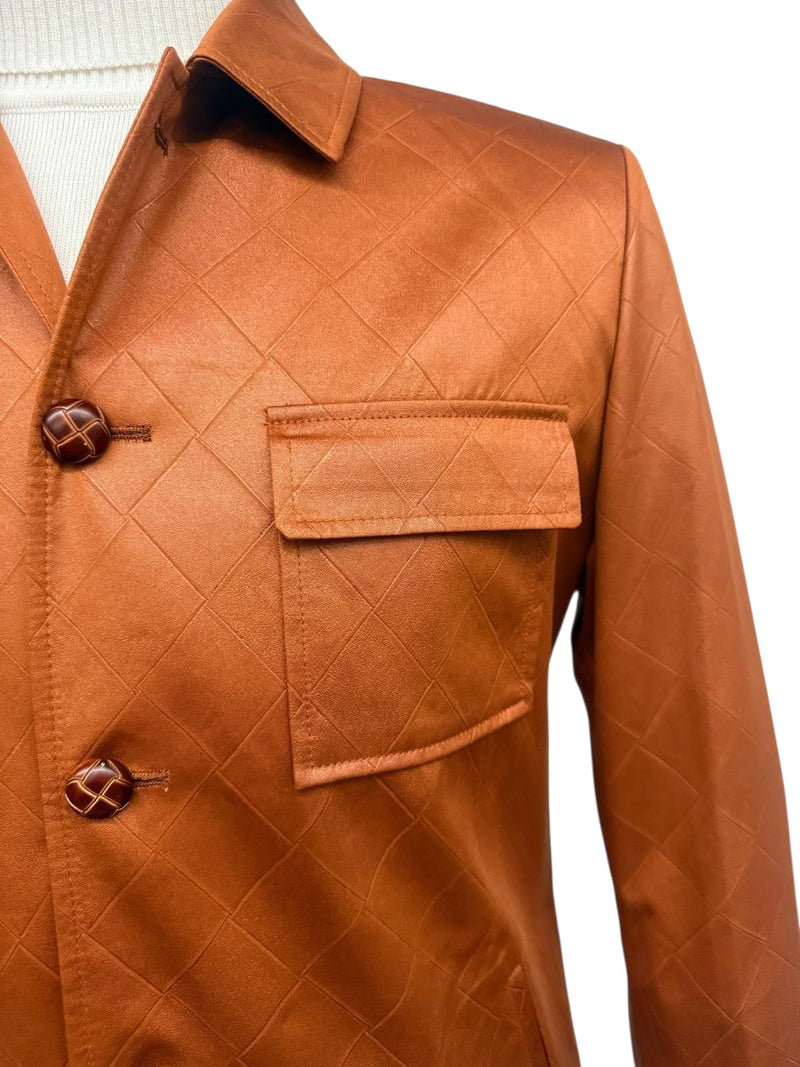 Alberto Nardoni men's slim fit faux leather suit. Brown quilted blazer with structured collar, chest pocket, and button closure. Smooth, slightly sheened fabric.
