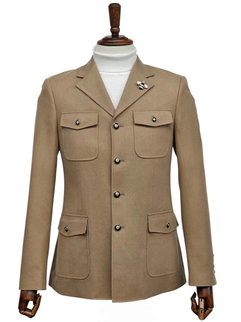 Mens Giovanni Testi Beige 2-Piece Suit – Slim Fit 4-Button Blazer with Patch Pockets
