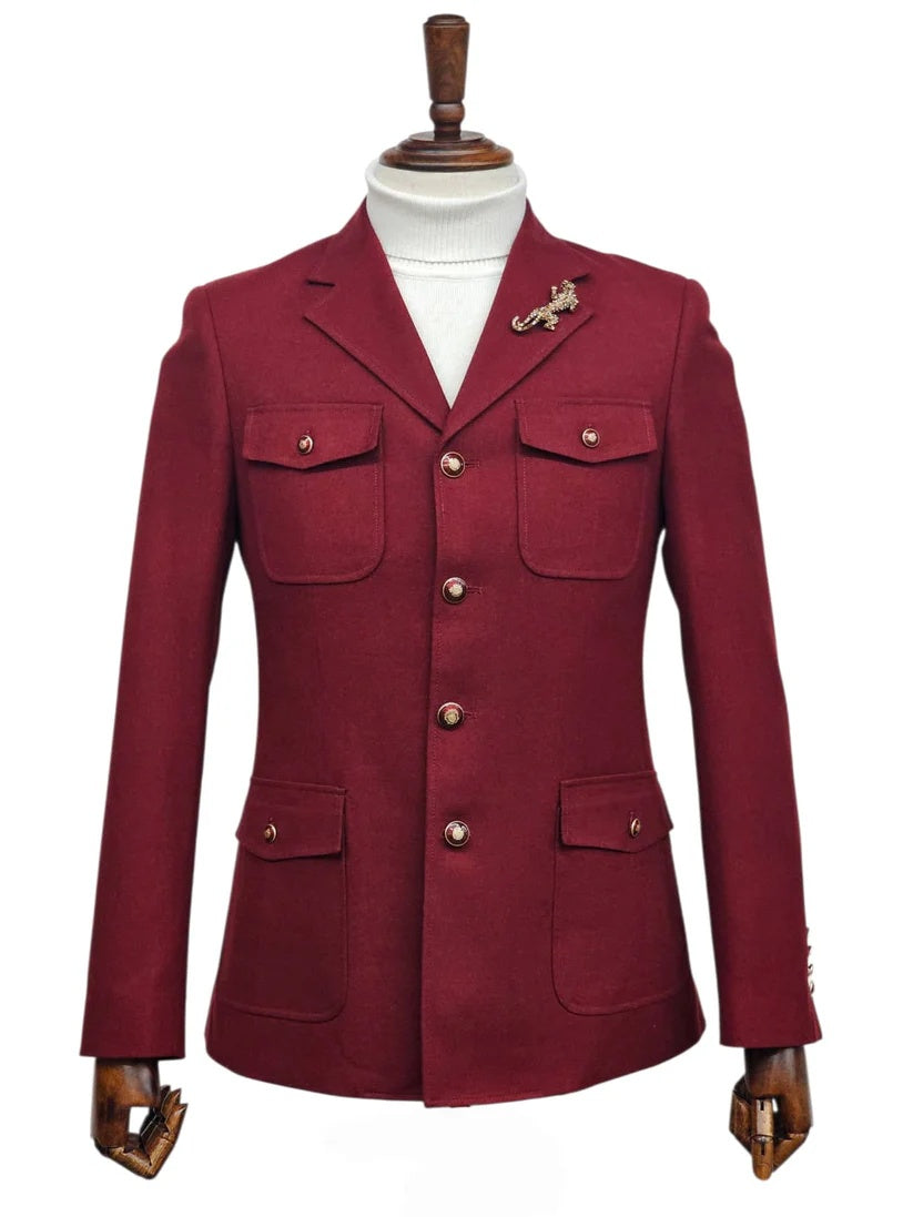 Mens Giovanni Testi 2 Piece Burgundy Suit – Slim Fit 4 Button Blazer with Notch Lapel & Flap Pockets