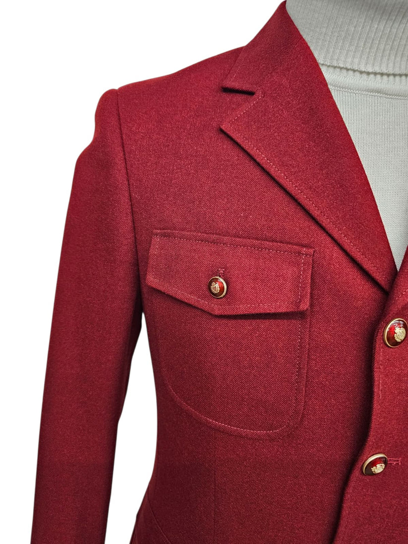 Mens Giovanni Testi 2 Piece Burgundy Suit – Slim Fit 4 Button Blazer with Notch Lapel & Flap Pockets