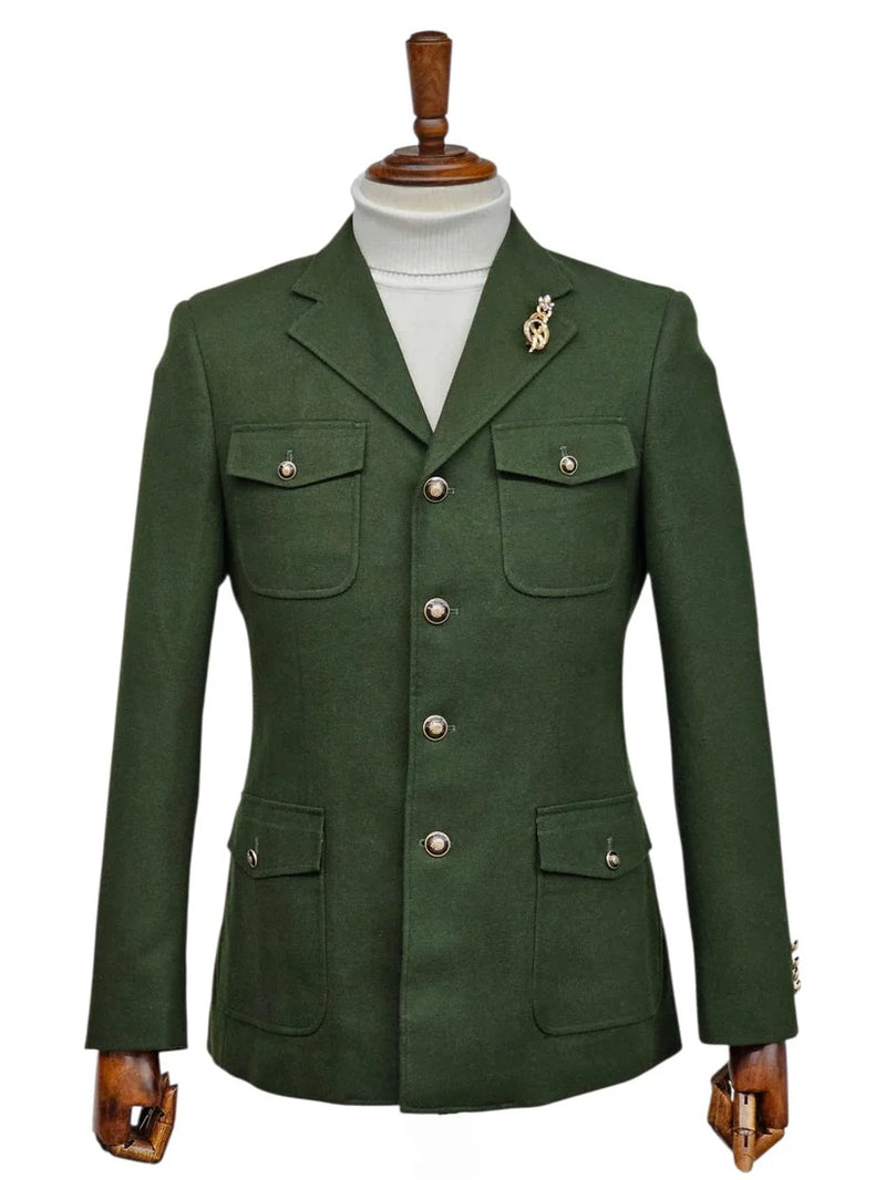 Mens Giovanni Testi Slim Fit Green Suit – 2 Piece 4 Button Formal Suit with Notch Lapel