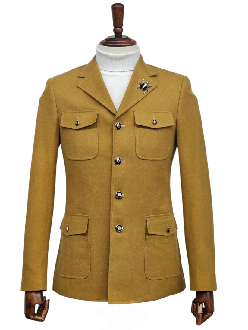 Mens Giovanni Testi Slim Fit 2 Piece Suit Mustard – 4 Button Notch Lapel & Flap Pockets