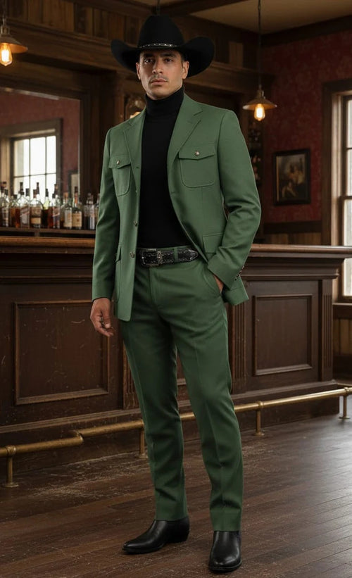 Mens Giovanni Testi Slim Fit Green Suit – 2 Piece 4 Button Formal Suit with Notch Lapel