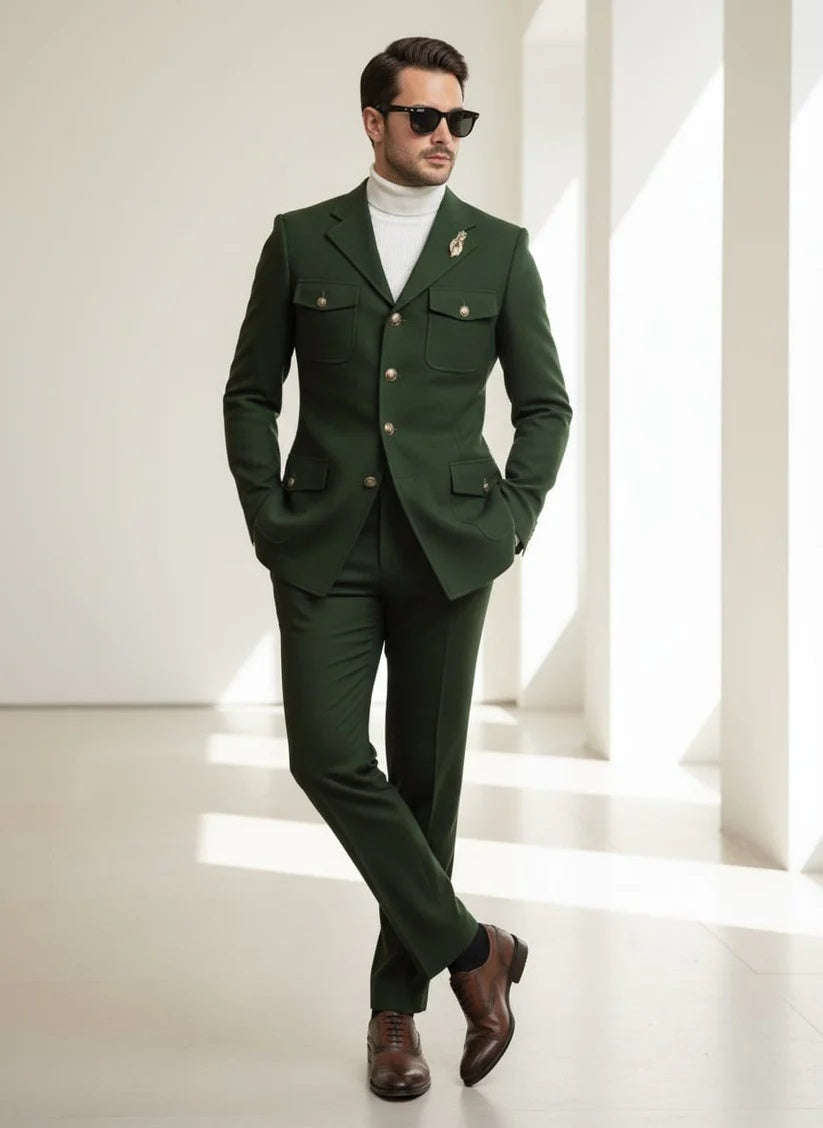 Mens Giovanni Testi Slim Fit Green Suit – 2 Piece 4 Button Formal Suit with Notch Lapel