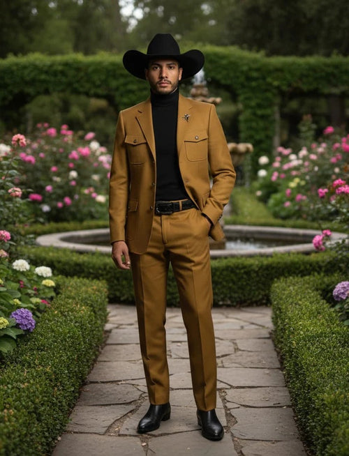 Mens Giovanni Testi Slim Fit 2 Piece Suit Mustard – 4 Button Notch Lapel & Flap Pockets