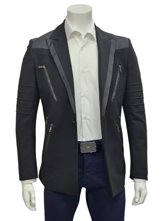 Men's slim fit black suit with notch lapel and single-button closure. Modern design with zippered pockets and detailed sleeve stitching. Smooth, slightly shiny fabric. Tailored silhouette.
