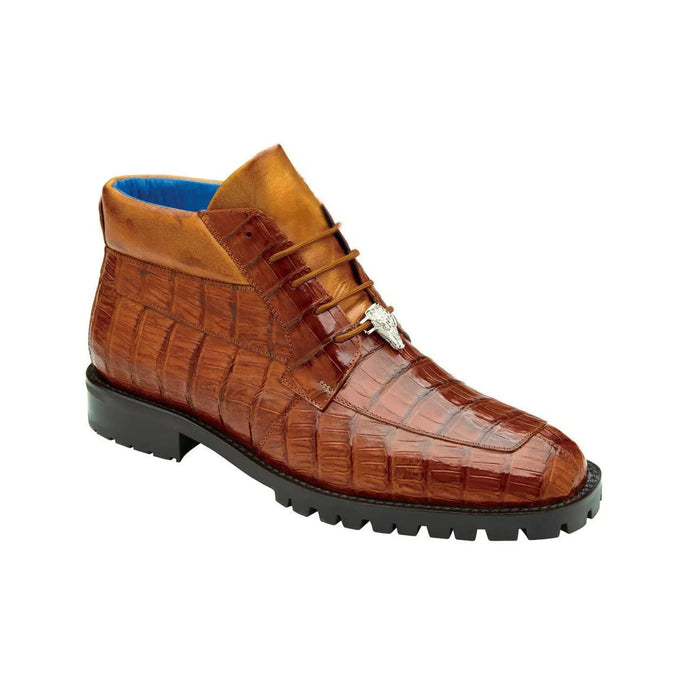 Belvedere Gallardo men's shoes: Brown caiman crocodile leather, split toe, textured upper with glossy finish. Tan collar, brown laces, metallic detail. Black rubber sole for traction.
