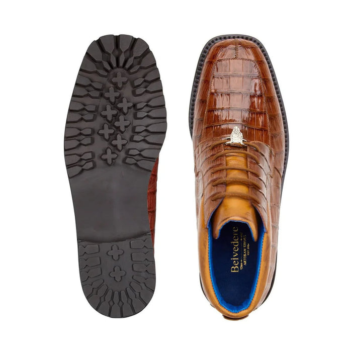 Belvedere Gallardo men's boots: Derby style with split toe, crafted from brown caiman crocodile leather. Rubber sole with textured grip. Blue lined interior.
