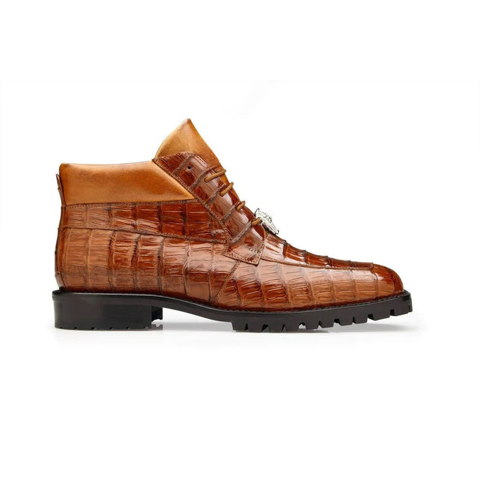Belvedere Gallardo men's split-toe derby boots in sport brown caiman crocodile leather. Features textured upper with visible scales, smooth collar, and black rubber sole for traction.
