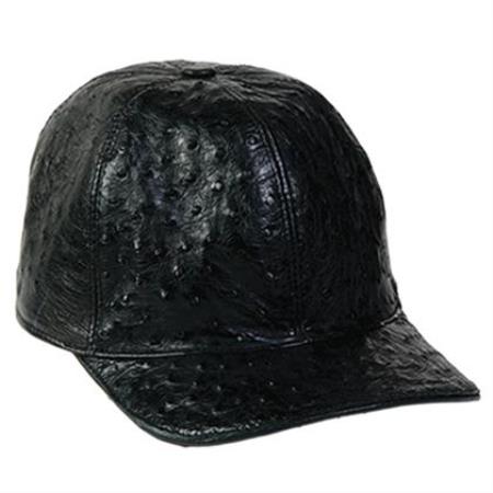 Black ostrich skin cap. Structured, rounded shape with extended brim. Distinctive, textured ostrich leather pattern.
